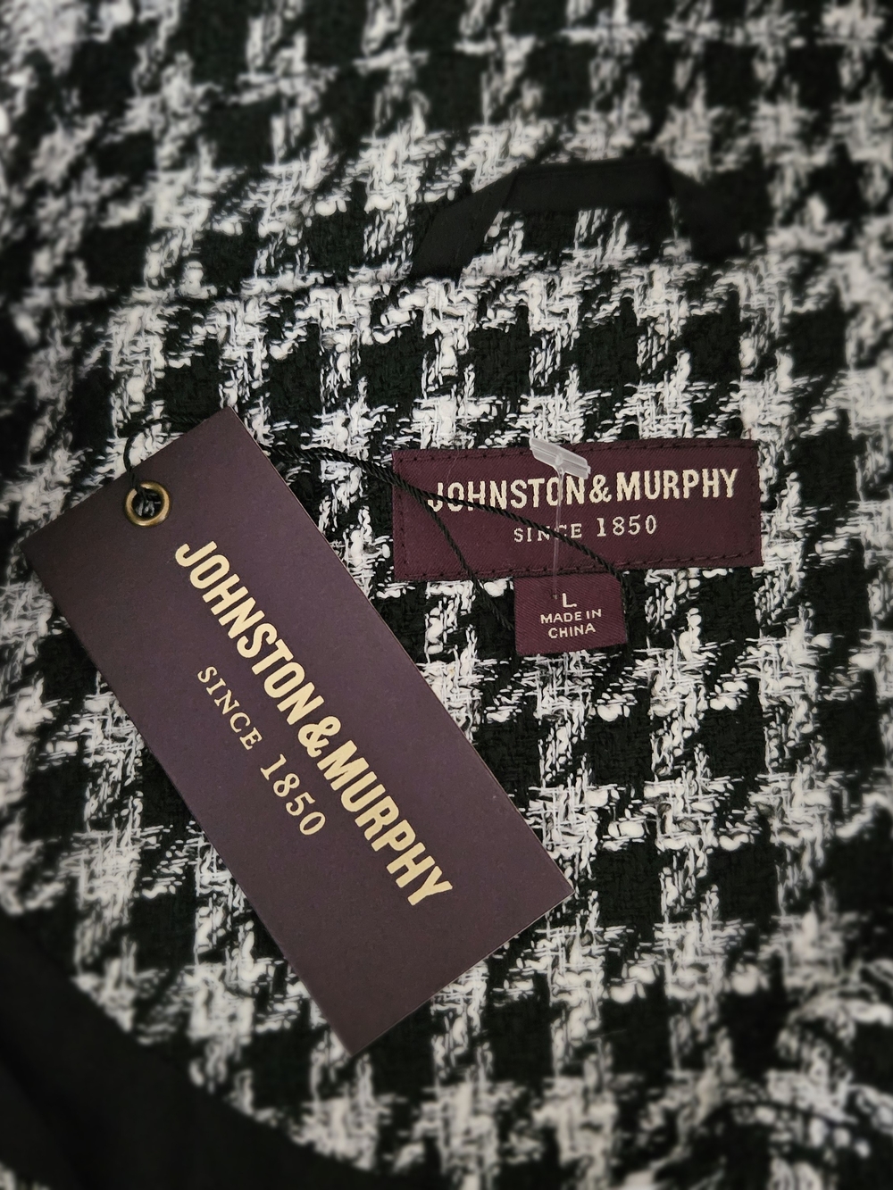 Johnston & Murphy NWT Black White Houndstooth Tweed Shacket Jacket Fringe L - Picture 9 of 15